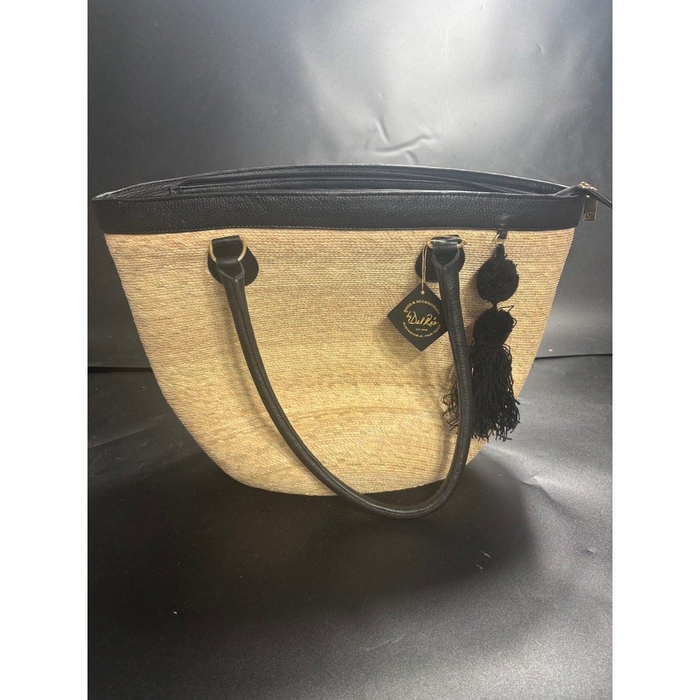 Del Rio Woven Straw Tote Bag Black Trim Tassel Sustainable Made in Mexico NEW